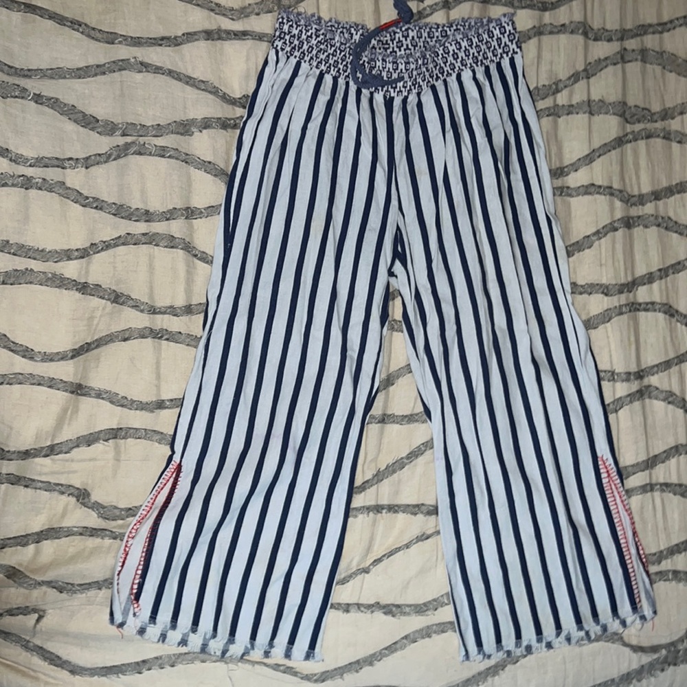 Blue and White gooey pants. Perfect for the beach and over a baiting suit!